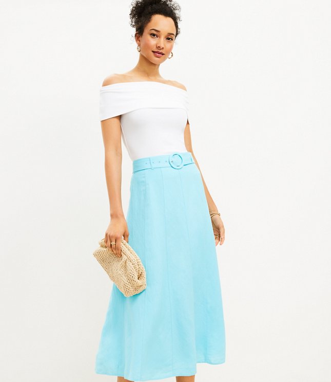 Linen Blend Belted Midi Skirt