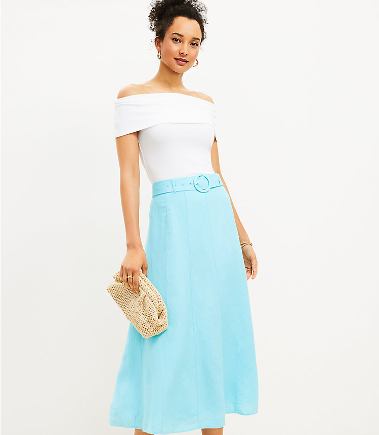 Linen Blend Belted Midi Skirt image number 0