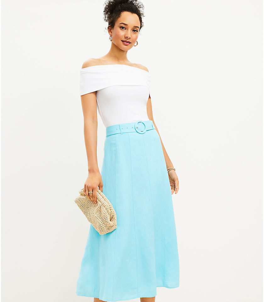 Linen Blend Belted Midi Skirt