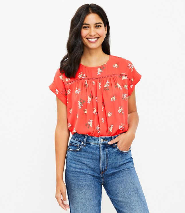 Petite Floral Pleated Mixed Media Top