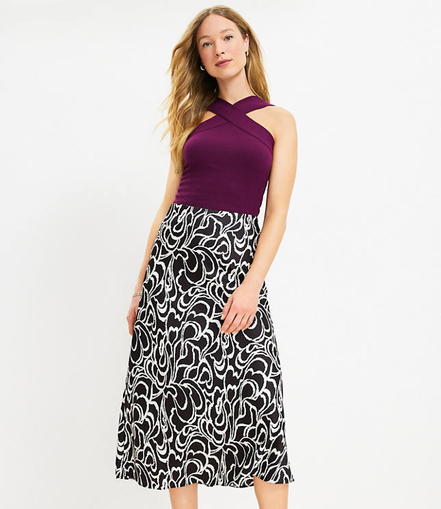 Floral Side Slit Linen Blend Skirt