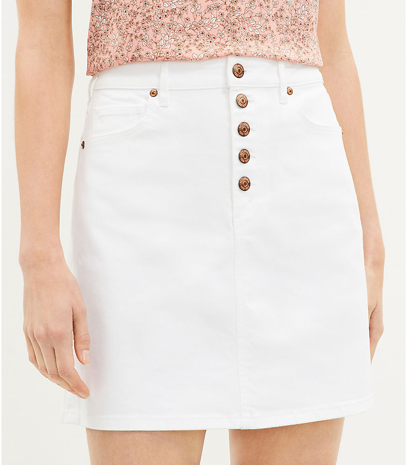 Petite Button Front Denim Skirt in White Wash