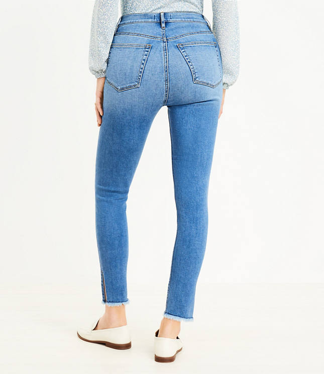 Curvy Side Slit Frayed High Rise Skinny Jeans in Indigo Wash