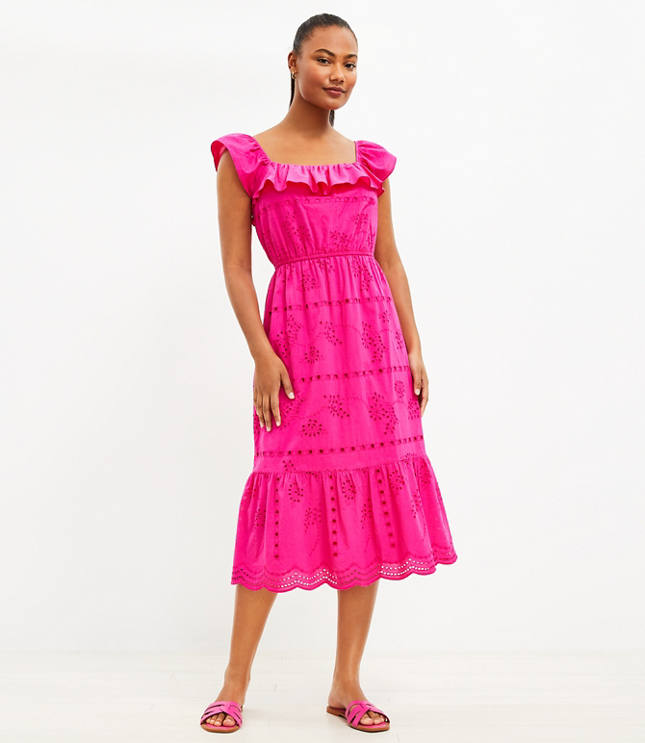 Eyelet Ruffle Square Neck Midi Dress