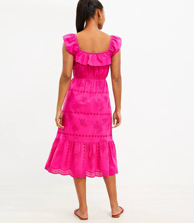 Eyelet Ruffle Square Neck Midi Dress
