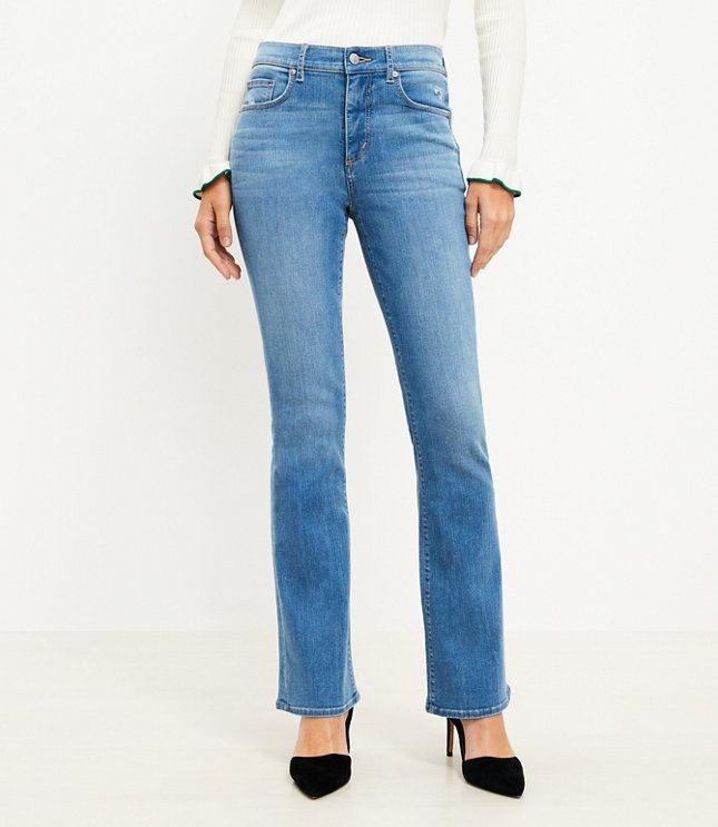 Petite Destructed Mid Rise Boot Jeans in Classic Mid Stone Wash