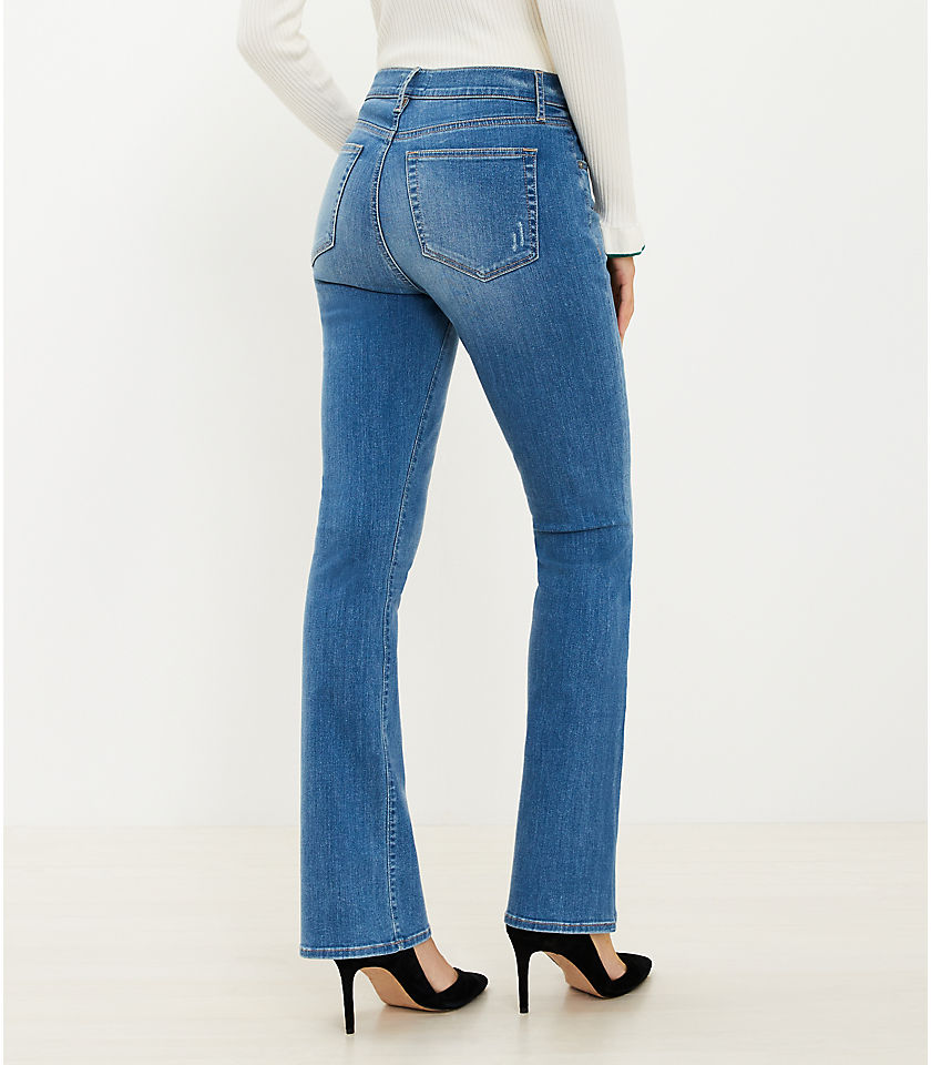 Petite Destructed Mid Rise Boot Jeans in Classic Mid Stone Wash