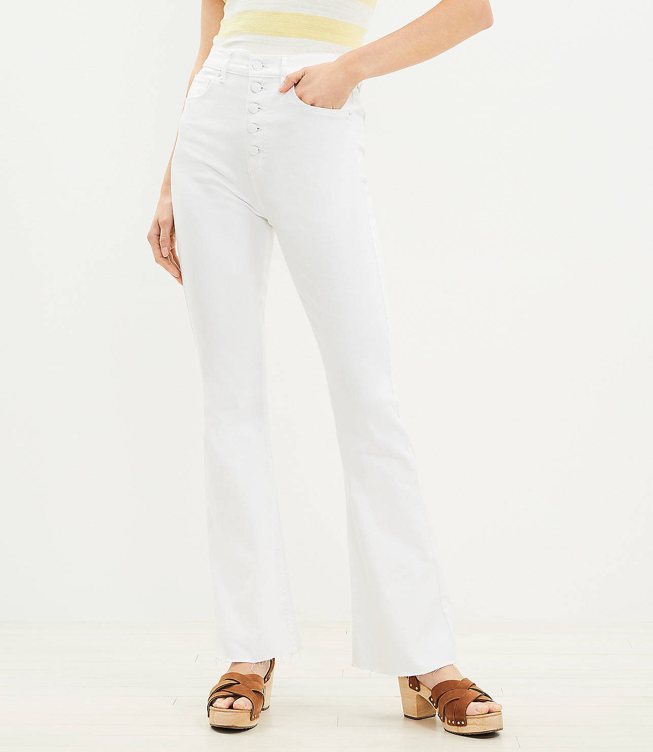 Petite Button Front Fresh Cut High Rise Slim Flare Jeans in White