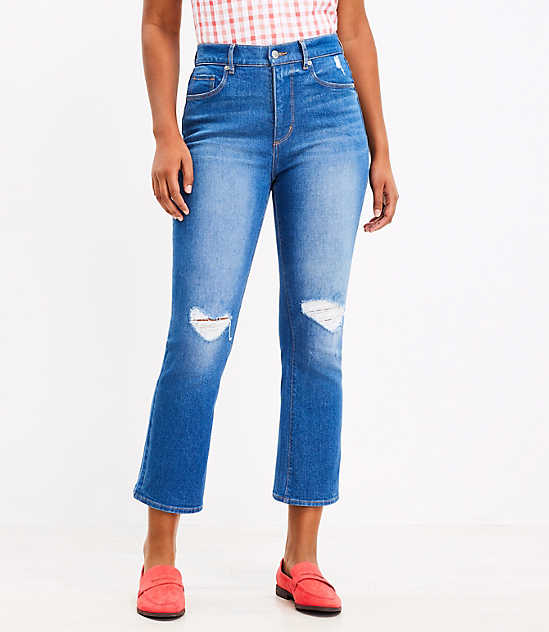 Petite Destructed High Rise Kick Crop Jeans in Mid Wash