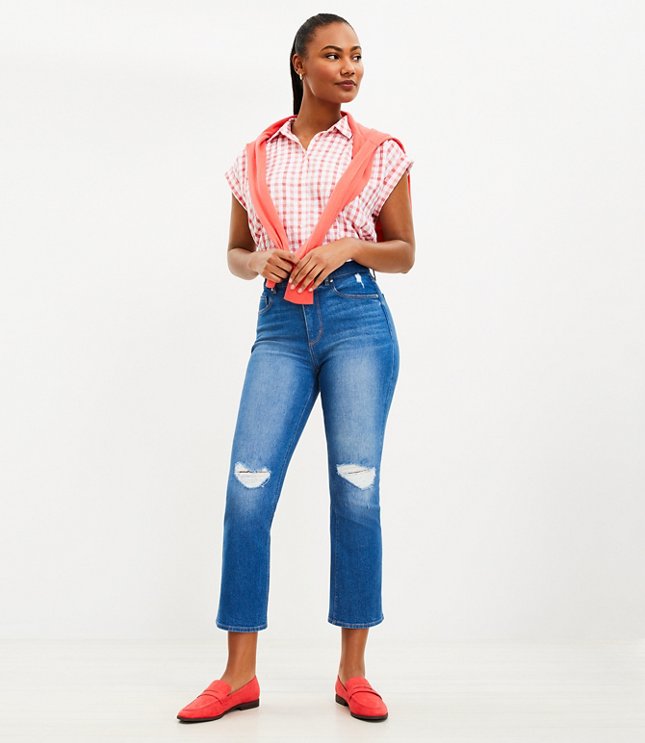 Petite Destructed High Rise Kick Crop Jeans in Mid Wash