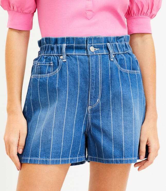 Petite High Rise Paperbag Pull On Denim Shorts in Stripe