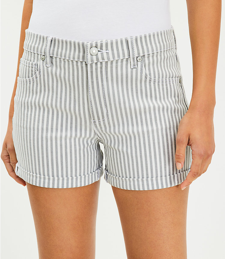 Petite Mid Rise Denim Roll Shorts in Medium Grey Stripe image number 1