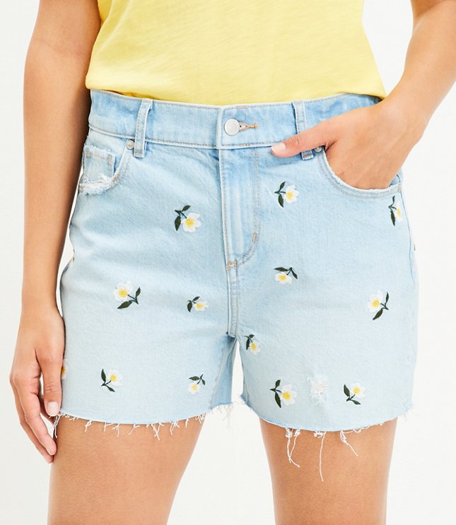 Petite High Rise Frayed Cut Off Denim Shorts in Floral Embroidered Stone Wash