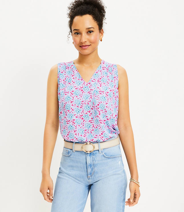 Loft Bloom Tie Neck Mixed Media Shell