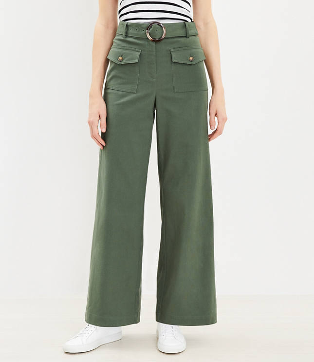 Dark green belted straight-leg pants