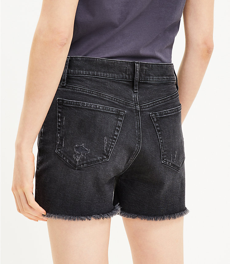 Petite High Rise Frayed Cut Off Denim Shorts in Washed Black Wash image number 2