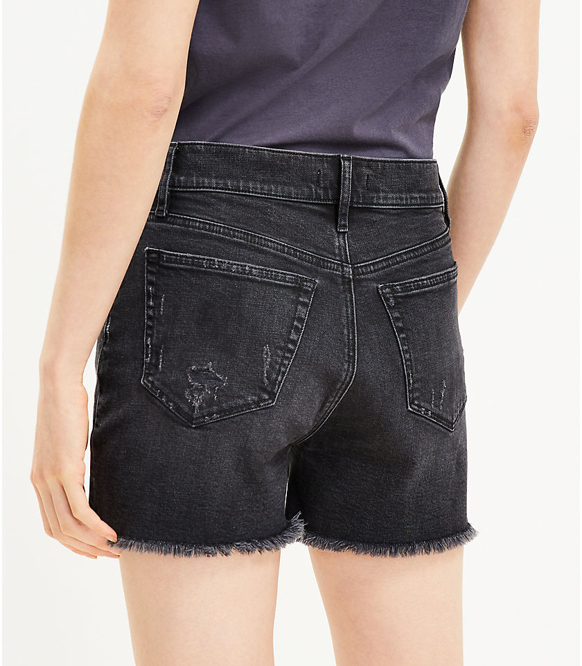 Petite High Rise Frayed Cut Off Denim Shorts in Washed Black Wash