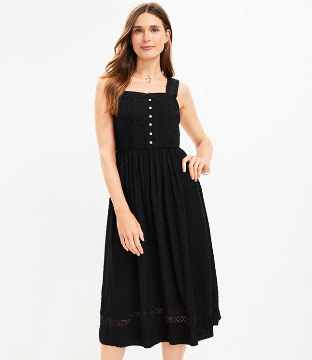 Clip Lace Button Square Neck Midi Dress