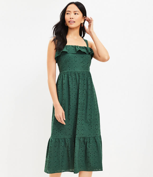 Eyelet Ruffle Square Neck Midi Dress