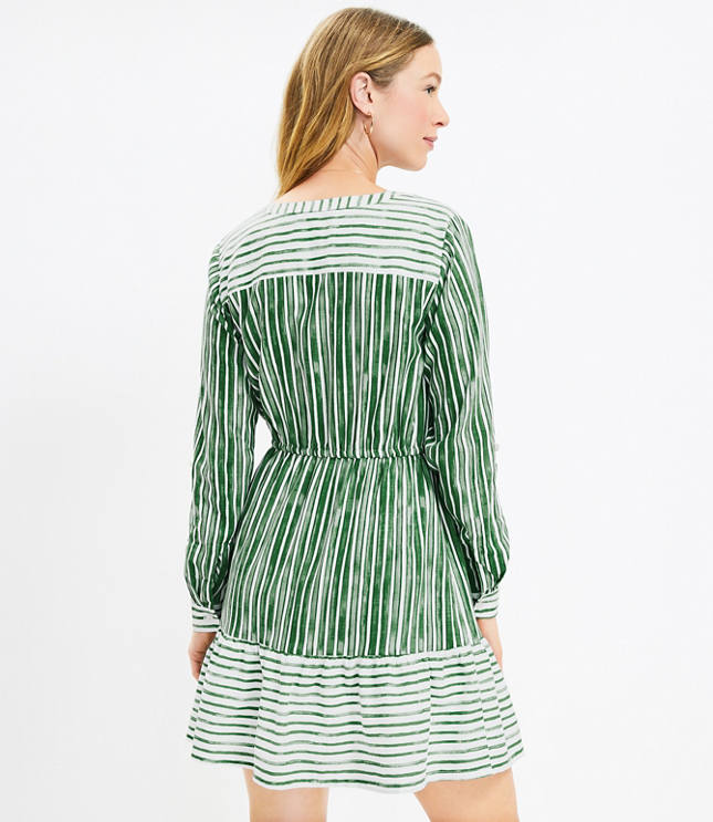 Striped Tab Sleeve Button Flounce Dress