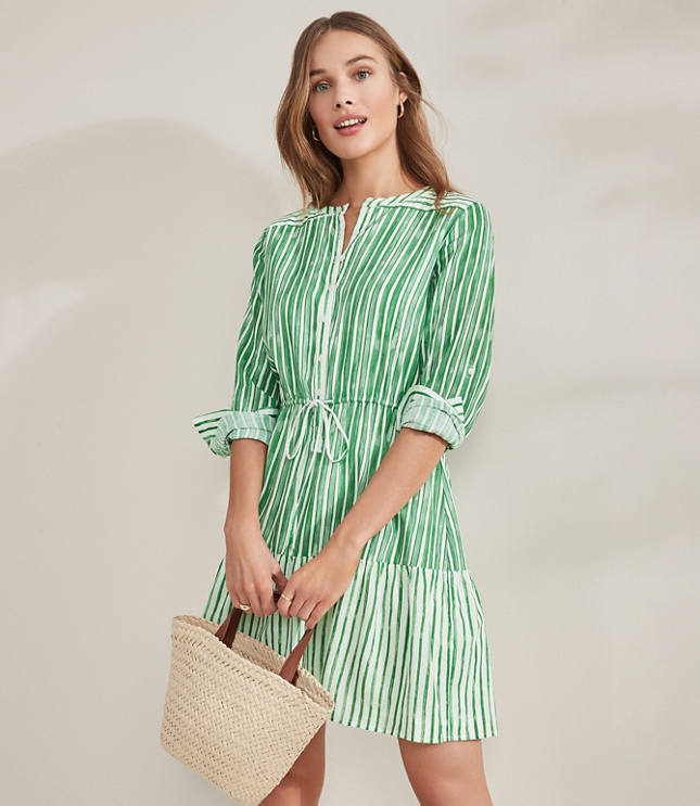 Striped Tab Sleeve Button Flounce Dress