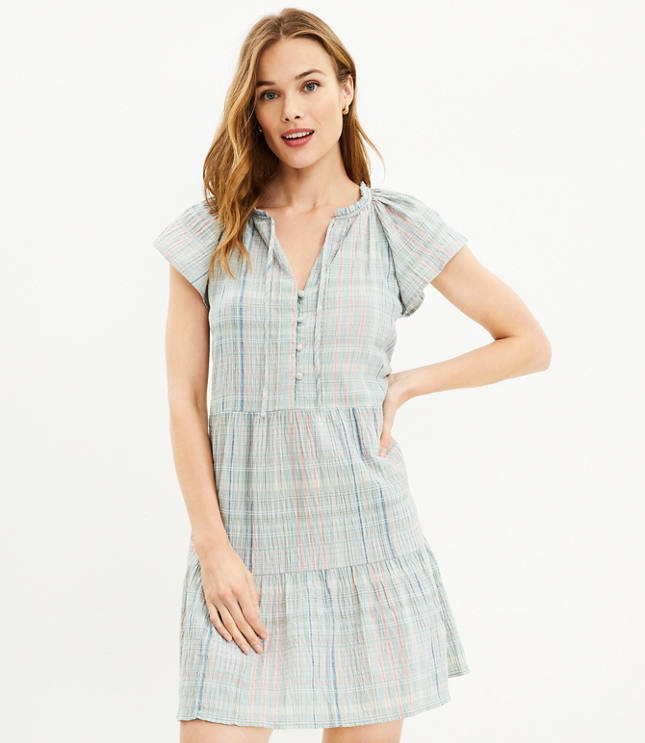 Petite Plaid Tie Neck Tiered Swing Dress