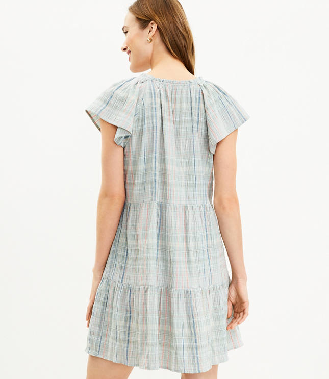 Petite Plaid Tie Neck Tiered Swing Dress