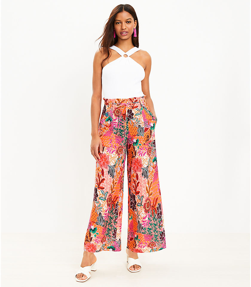 Pull On Linen Blend Wide Leg Pants in Patchwork Bloom