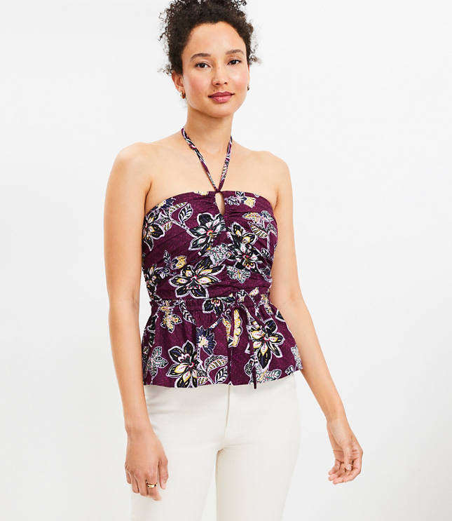 RUFFLED FLORAL HALTER TOP - Black