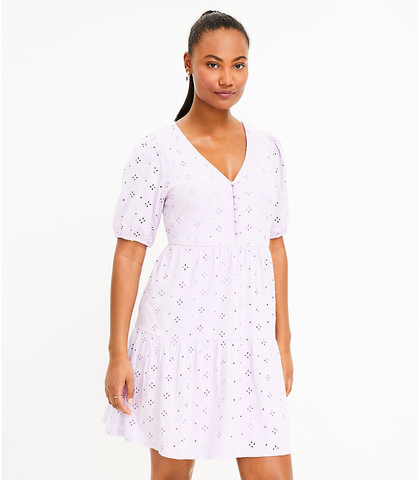 Petite Eyelet Puff Sleeve Button Tiered Swing Dress