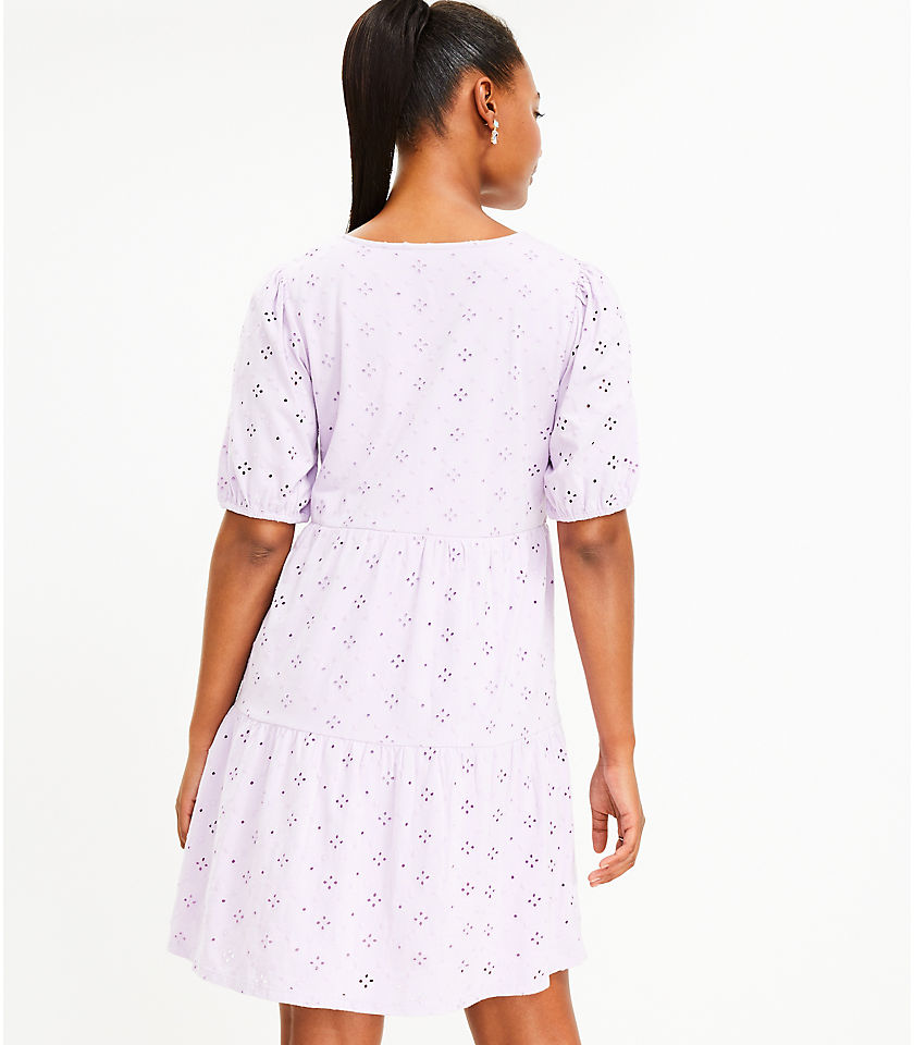 Petite Eyelet Puff Sleeve Button Tiered Swing Dress