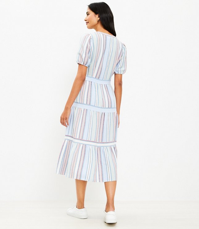 Petite Striped Button V-Neck Tiered Midi Dress