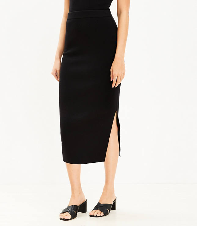 Ribbed Side Slit Midi Sweater Skirt