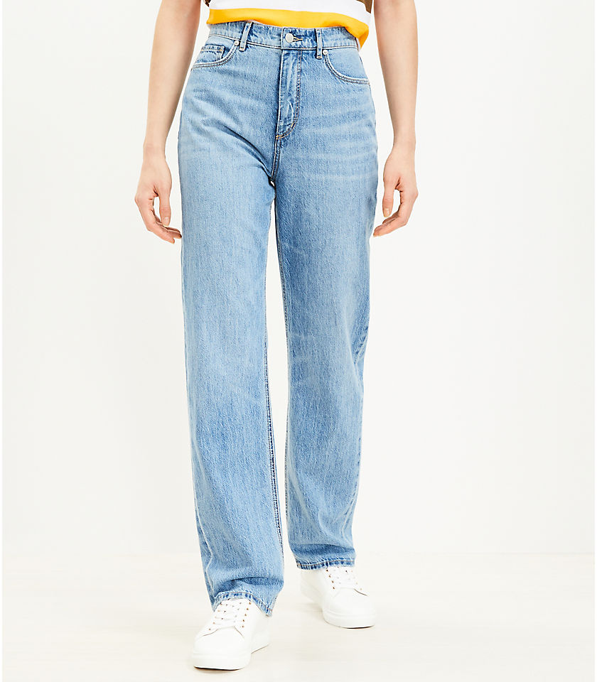 High Rise Full Length Straight Jeans in Light Mid Indigo Wash