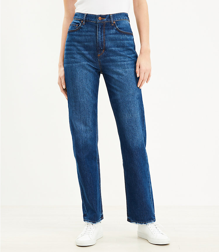 Destructed High Rise Full Length Straight Jeans in Vintage Dark Wash image number 0