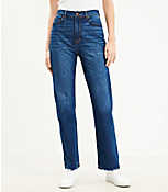 Destructed High Rise Full Length Straight Jeans in Vintage Dark Wash carousel Product Image 1