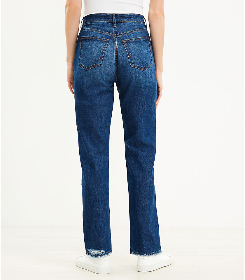 Destructed High Rise Full Length Straight Jeans in Vintage Dark Wash