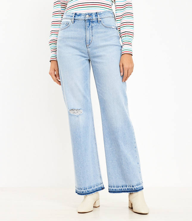 Curvy Unpicked Hem High Rise Wide Leg Jeans in Authentic Light