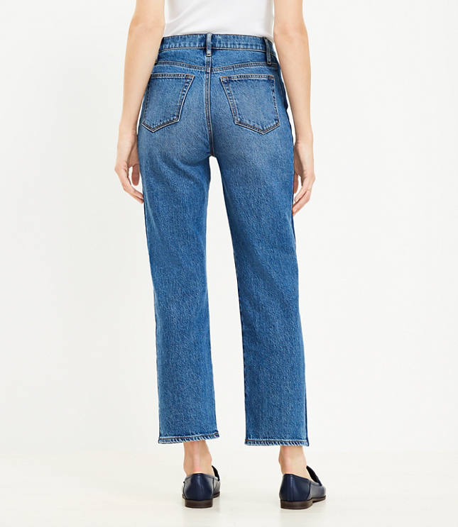 Cuffed High Rise Straight Jeans in Bright Mid Indigo Wash