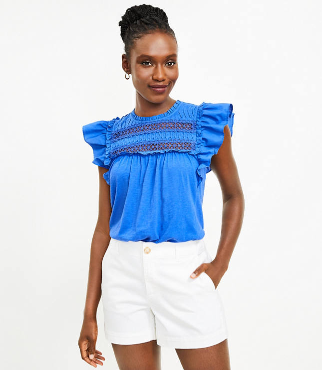 Petite Eyelet Ruffle Trim Mixed Media Top