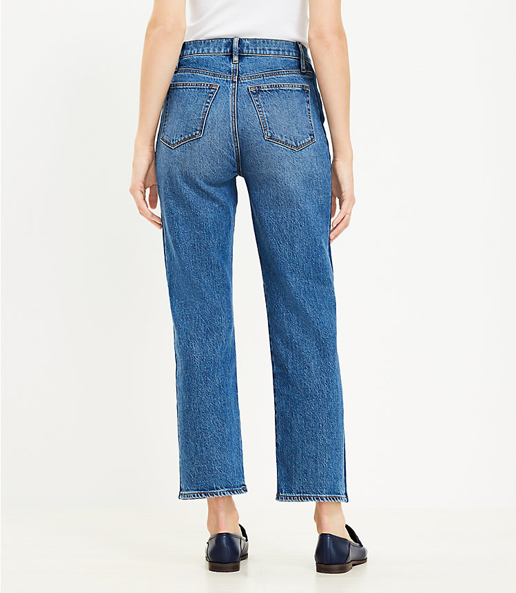 Petite Curvy Side Stripe High Rise Straight Jeans in Vintage Mid Indigo Wash image number null