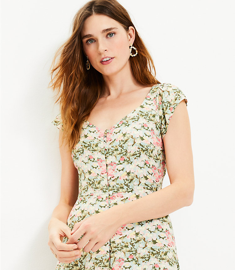 Petite Floral Cap Sleeve Button Midi Dress image number 1