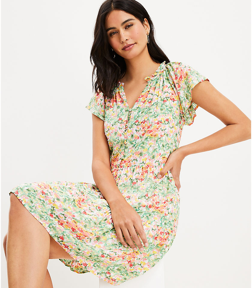 Petite Buttercup Floral Tie Neck Tiered Swing Dress