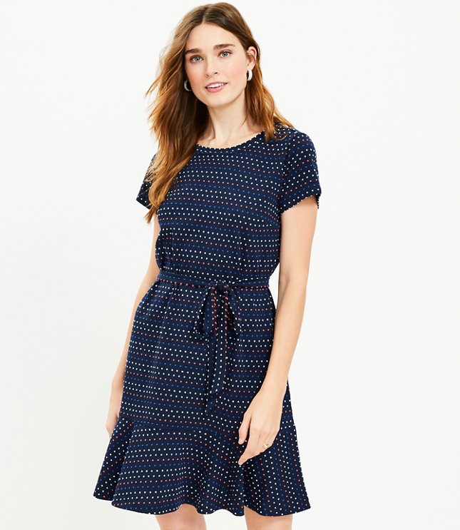 Petite Dotted Belted Flounce Swing Dress