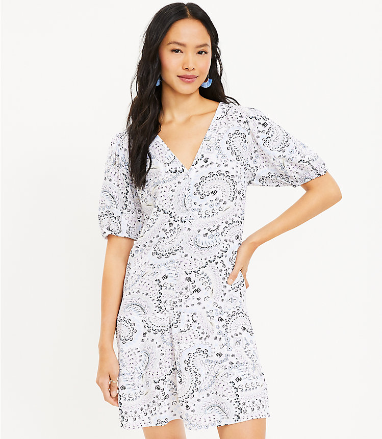 Tall Paisley Puff Sleeve Button Swing Dress image number 0