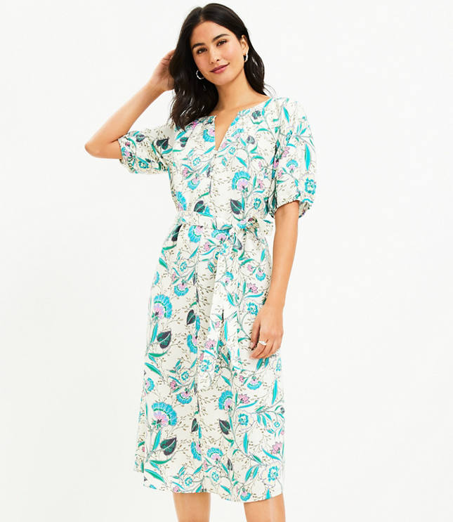 Petite Floral Shirred Flounce Midi Dress