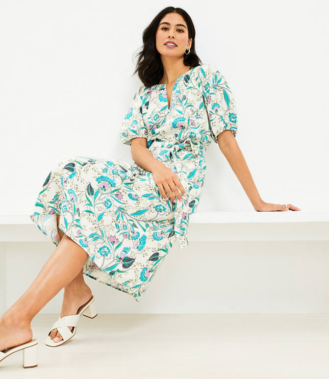 Petite Floral V-Neck Puff Sleeve Midi Dress