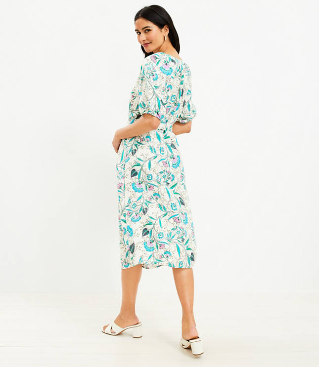 Petite Floral V-Neck Puff Sleeve Midi Dress