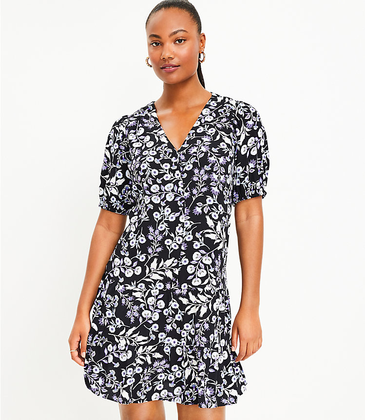 Petite Floral Puff Sleeve Button Swing Dress image number 0