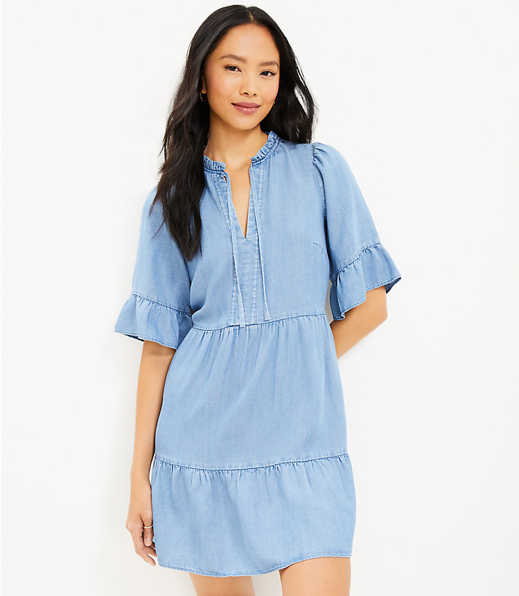 Petite Chambray Ruffle Tie Neck Tiered Swing Dress image number 0
